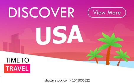 USA Tour banner, Time to travel - Modern Colorful placard in pink color for advertising of Trip to United States of America in Web or Outdoor.