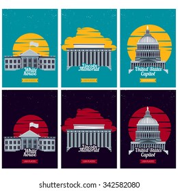 USA tourist destination posters. Vector illustration with American famous buildings in Washington. Banner with Capitol, White House, Lincoln Memorial monument. US traditional symbols and architecture 