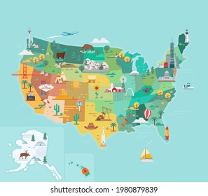 USA Tourist Map With Famous Landmarks. Vector Illustration. 