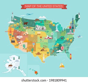 USA tourist map with famous landmarks. Vector illustration. 