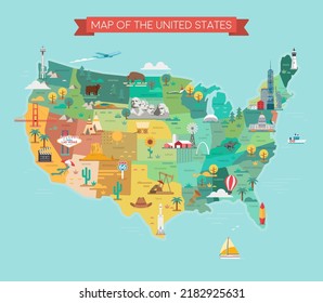 USA tourist map with famous landmarks. Vector illustration.