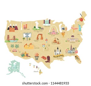 USA tourist vector map with famous landmarks and symbols. Tourist infographics, popular attractions