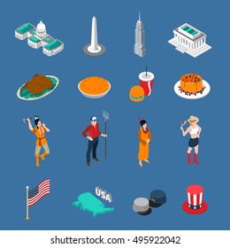 USA touristic icons set with people and culture symbols isometric isolated vector illustration 