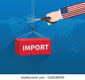 USA trade war concept, USA stop importing. Businessman hand with scissors cutting import cargo container.