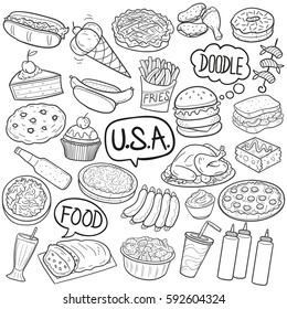 USA Traditional and Fast Food Typical  Dishes Doodle Vector Design Set.