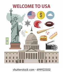 USA travel or America tourism welcome poster template vector tourist landmarks attractions