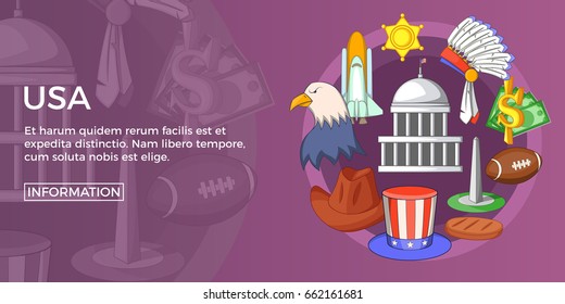 USA travel banner horizaontal concept. Cartoon illustration of USA travel banner horizontal vector concept for web
