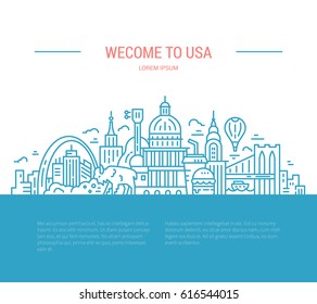 USA travel cincept - line style illustration with all main tourist attractions and symbols of the United States 