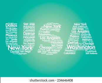 USA travel concept made with words cities names, vector collage