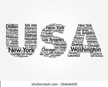 USA travel concept made with words cities names, vector collage