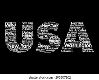 USA travel concept made with words cities names, vector collage