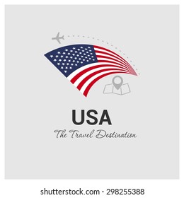 USA The Travel Destination logo - Vector travel company logo design - Country Flag Travel and Tourism concept t shirt graphics - vector illustration