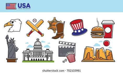 USA travel destination promotional poster with country symbols