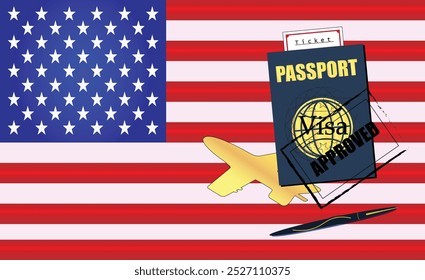 USA Travel Documentation Concept with blue Passport and Untied State of America Flag. Approved Stamp. Airplane and Travel Tickets. Ideal for Immigration Tourism and Traveling Themes. EPS available 