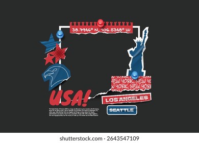 USA travel frame collage photos with scrapbook torn paper style.