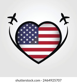 USA Travel Heart Flag With Airplane Icons