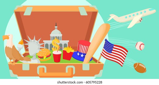 USA travel horizontal banner concept. Cartoon illustration of USA travel vector horizontal banner for web
