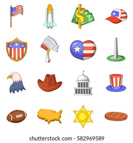 USA travel icons set. Cartoon illustration of 16 USA travel vector icons for web