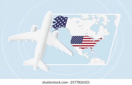 USA Travel Illustration with Plane and National Flag. Ideal for travel agencies, promotional materials, or geographic content related to USA.