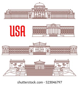 USA Travel Landmarks Icon With Linear Architectural Sights. Field Museum Of Natural History, Philadelphia Museum Of Art, The Franklin Institute, Museum Of Science And Industry