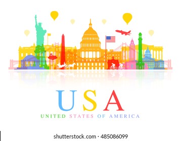 USA Travel Landmarks. Vector And Illustration