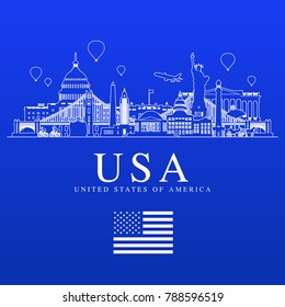 USA Travel Landmarks. Vector and Illustration