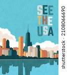 USA travel poster design template. Chicago skyline on Lake Michigan. Gradient free vector illustration.