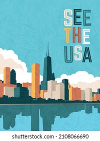 USA travel poster design template. Chicago skyline on Lake Michigan. Gradient free vector illustration.