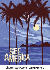 USA travel poster template of tropical paradise. Silhouette of palm trees in the moonlight. Gradient free vector illustration.