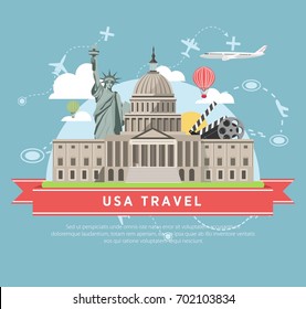 USA travel promotional poster with main famous attractions