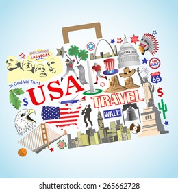 USA travel. Set vector icons and symbols in form of suitcase