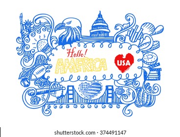 USA travel symbols in hand drawn sketch