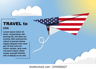 USA travel vector banner with paper flag and text space, USA country flag on paper plane, holiday and vacation concept, summer travel template and pattern, flight ticket idea