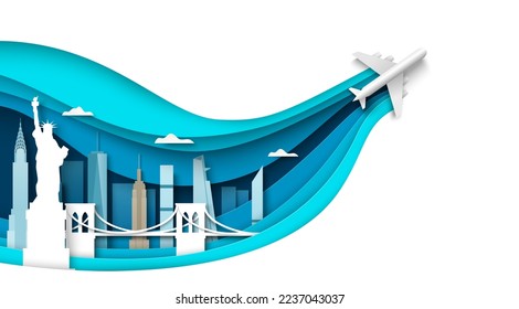 USA travel vector illustration. American city famous landmark background in paper cut art style. Origami skyscraper, statue of liberty, manhattan bridge popular place of destination