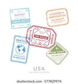 Usa travel visa stamps vector isolated on white background. Arrivals sign rubber stamps. Chicago, San Francisco, Las Vegas, New York, Seattle cities sign.