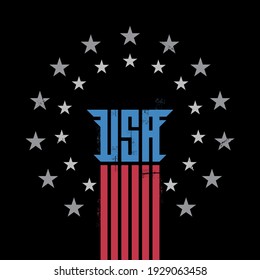 USA - T-shirt Design. Vector Graphics For Tee Shirt With Lettering And Grunge Effect. Patriotic Star-Spangled Illustration. Faded Colors.