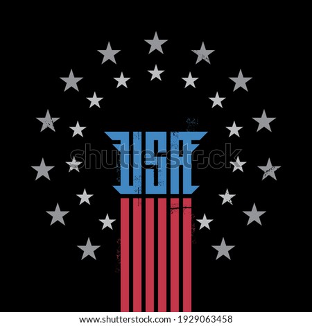 USA - t-shirt design. Vector graphics for tee shirt with lettering and grunge effect. Patriotic Star-Spangled illustration. Faded colors.