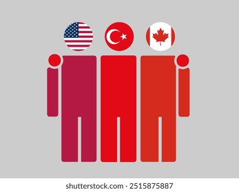 USA, Turkey, and Canada National Flags With Embracing Body. Vector Illustration. Isolated background.