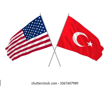 USA and Turkey crossed flags waving in the wind as sign of cooperation or sport competition or diplomatic meeting event. Vector illustration.