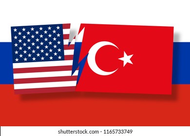 Usa and Turkey financial, diplomatic crisis concept. Vector illustration of American and Turkish flags Conflict between countries: USA vs Turkey