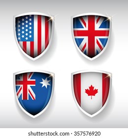 USA, UK, Australia, Canada Flag Shield