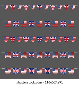 USA and UK bunting and garland set with American and British flags. US and Great Britain flags decoration for celebrate, party or festival. Vector illustration. 