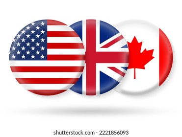 USA, UK and Canada circle flags. 3d icon. Round American, British and Canadian national symbols. Vector illustration.