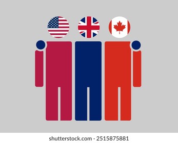 USA, UK, and Canada National Flags With Embracing Body. Vector Illustration. Isolated background.