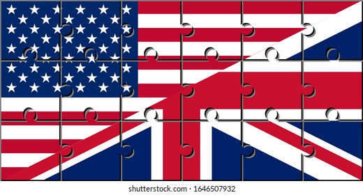 usa and uk flags are made from jigsaw pieces.