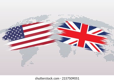 USA and UK flags. United Kingdom and American flags, isolated on grey world map background. Vector illustration. svg