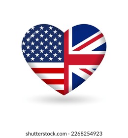 Banderas de corazón de Estados Unidos y Reino Unido. Icono 3d. Símbolos estadounidenses y británicos. Ilustración vectorial.