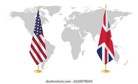 Estados Unidos e Reino Unido exibem bandeiras no fundo do mapa mundial. Simbólico de relações diplomáticas, unidade e parceria transatlântica. Design de conceito internacional renderizado em 3D .