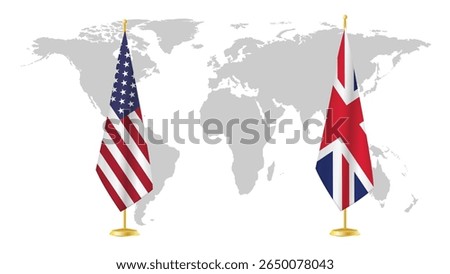 USA and UK stand flags on world map background. Symbolic of diplomatic relations, unity, and transatlantic partnership. 3D rendered international concept design .