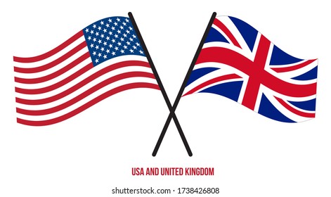 USA and United Kingdom Flags Crossed And Waving Flat Style. Official Proportion. Correct Colors.